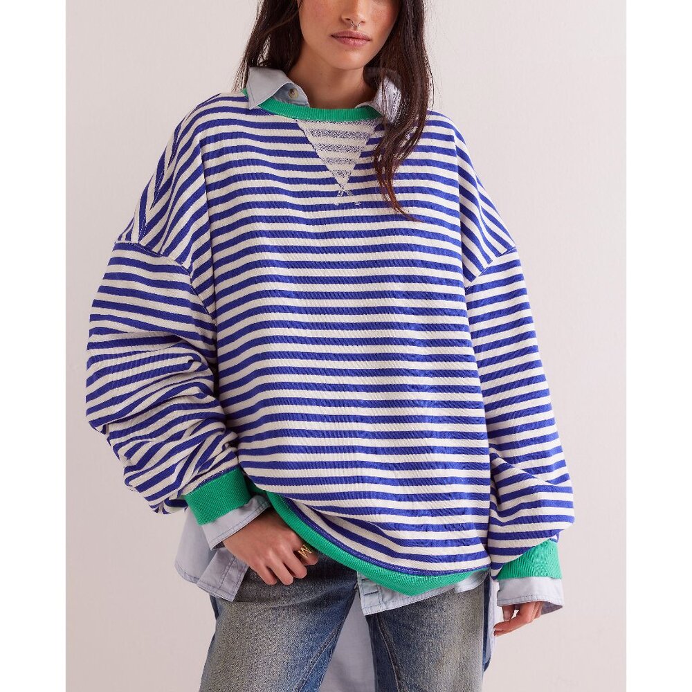 Free People Blue and White Striped Oversized Sweatshirt with Green Trim